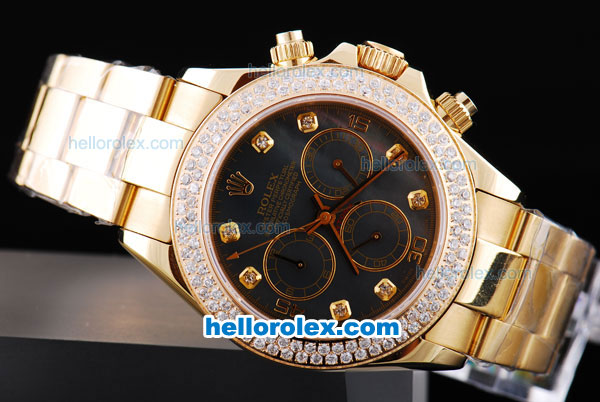 Rolex Daytona Oyster Perpetual Chronometer Automatic Full Gold with Diamond Bezel,Black Shell Dial and Diamond Marking - Click Image to Close